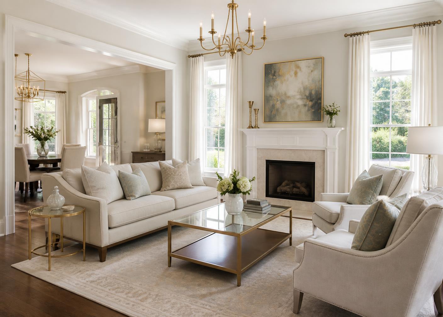 Bright staged living room with neutral furnishings prepared for listing photography